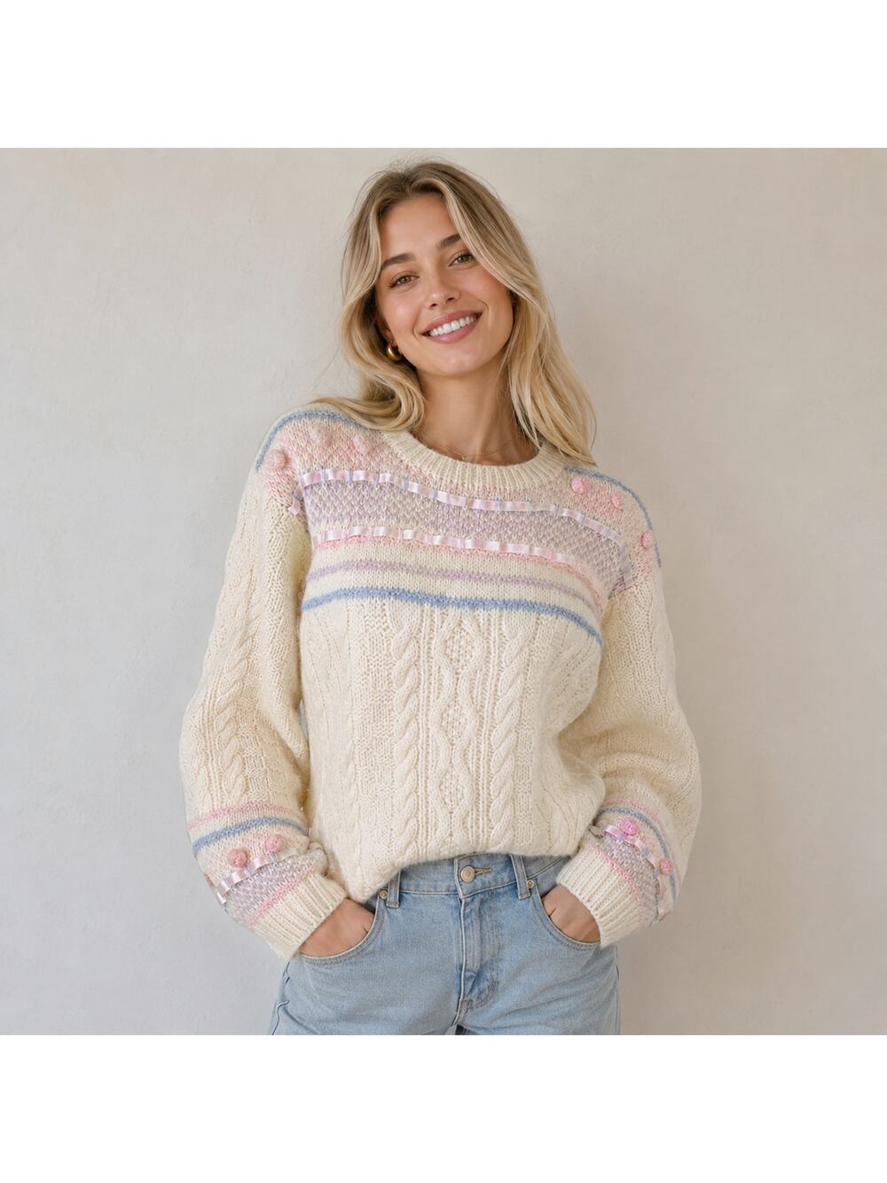 Jennifer Reed SZ S VTG Knitted By Hand Wool Cable Knit Popcorn Satin Sweater NWT